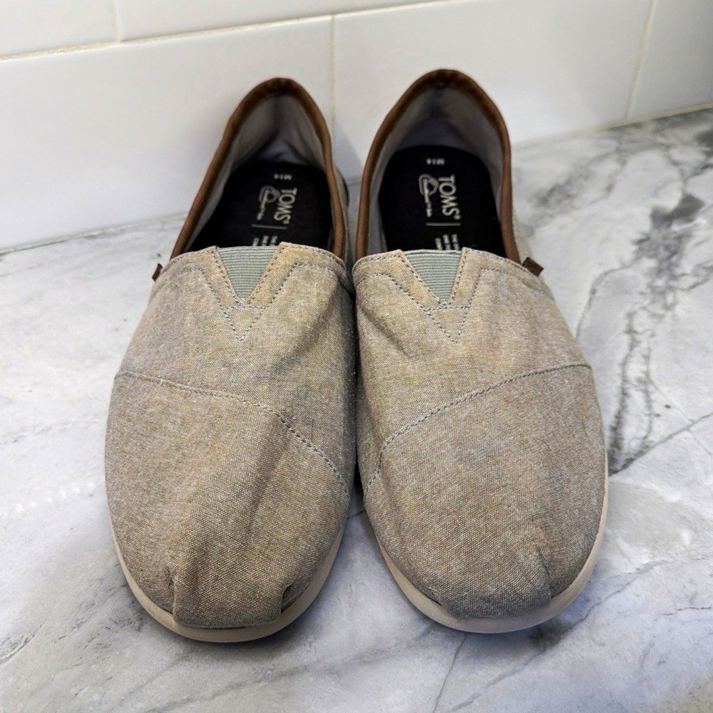 TOMS CloudBound Men's 14 Canvas Slip-On Shoes Gray Brown Faux Leather Trim